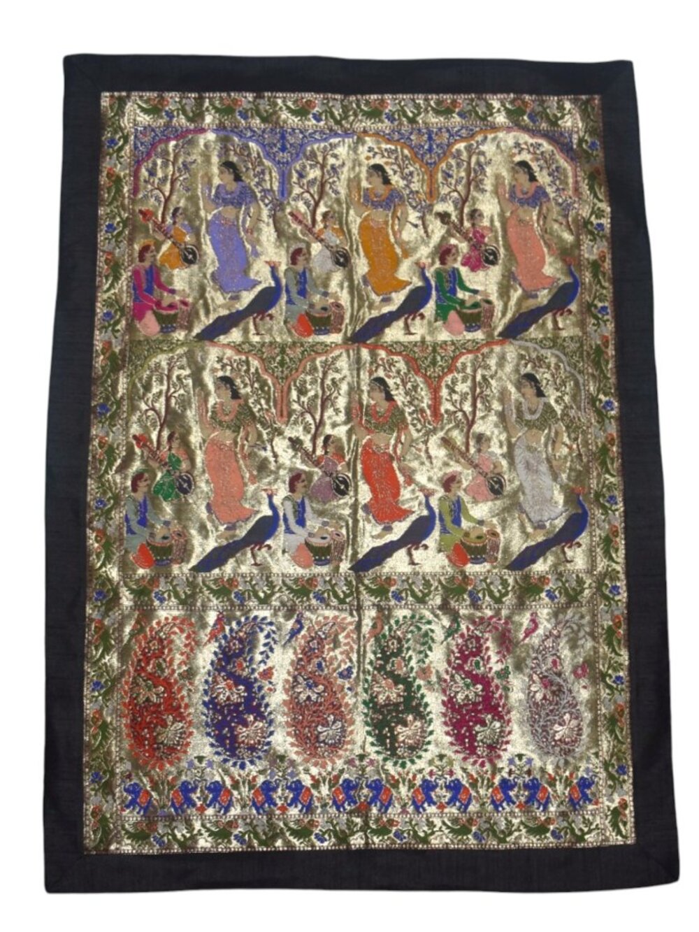 Indian Metallic Brocade Wall Hanging Tapestry Women Musicians Peacocks